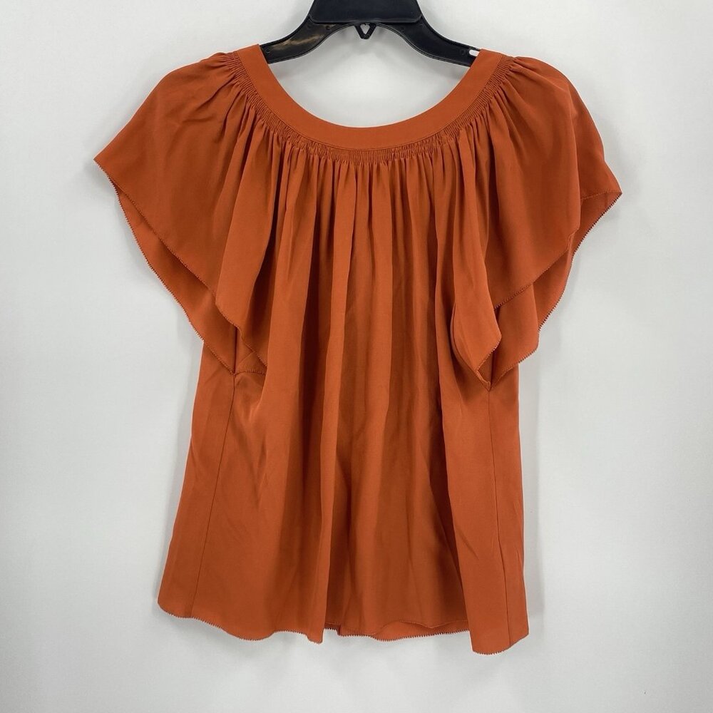 Rebecca Taylor Rust Orange Silk Blouse Tie Back Rouched Scoop Neck Shirt XS